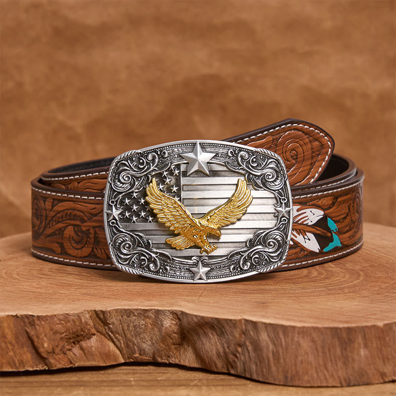 Cintura da uomo in pelle con fibbia a forma di stella e bandiera americana Golden Eagle - Cintura di piume marroni - 40 - image 7