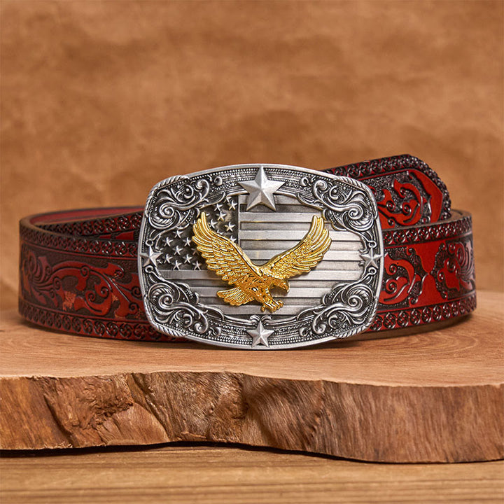 Cintura da uomo in pelle con fibbia a forma di stella e bandiera americana Golden Eagle - Cintura marrone intagliata - 42 - image 6