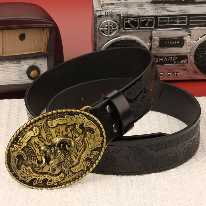 Cintura in pelle da uomo con emblema retrò a testa di ariete - Stile n. 1 - 42 - image 0
