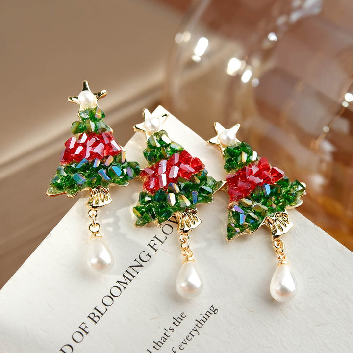 Spilla natalizia a forma di albero di Natale con perline e goccia di perla - image 3