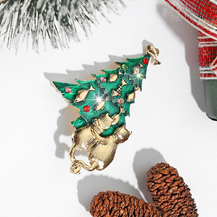 Spilla bicolore con albero di Natale smaltato con gatto e pesce - image 2
