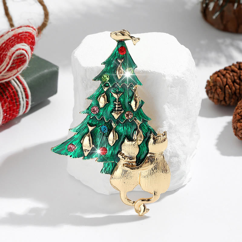 Spilla bicolore con albero di Natale smaltato con gatto e pesce - Verde - image 0