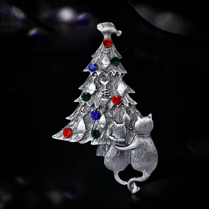 Spilla bicolore con albero di Natale smaltato con gatto e pesce - scheggia - image 7