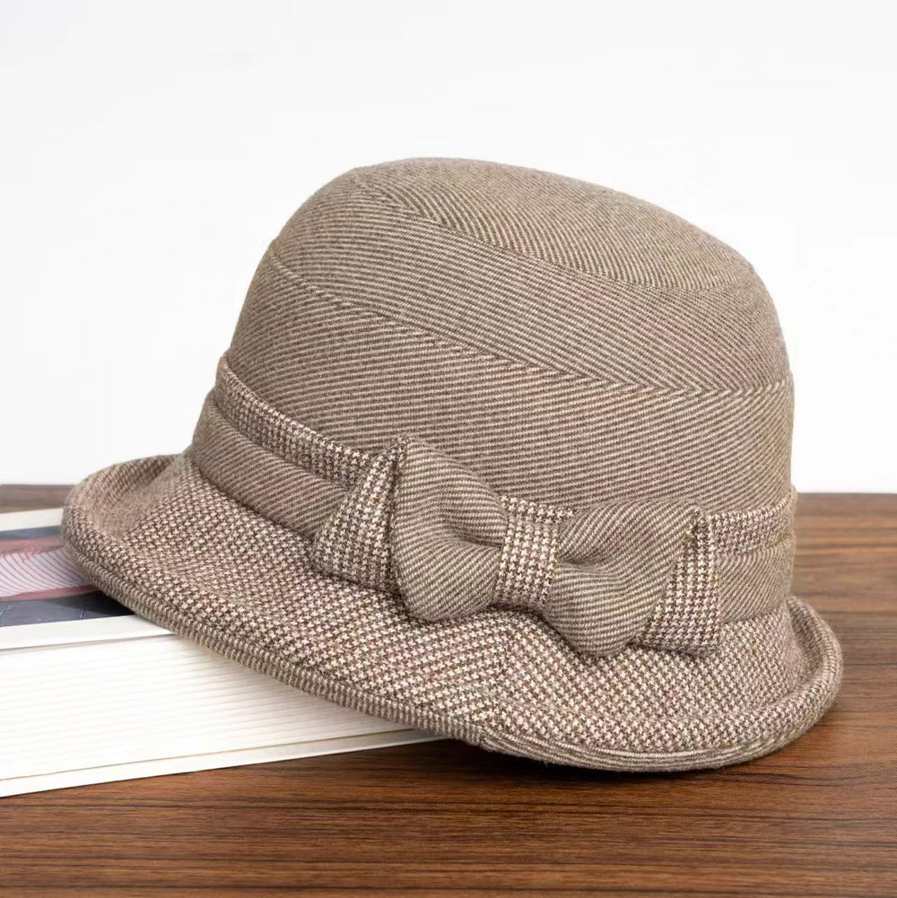 Cappello da pescatore da donna con decorazione a fiocco e motivo scozzese pied de poule - Cachi - M (22-22 7/8") - image 1