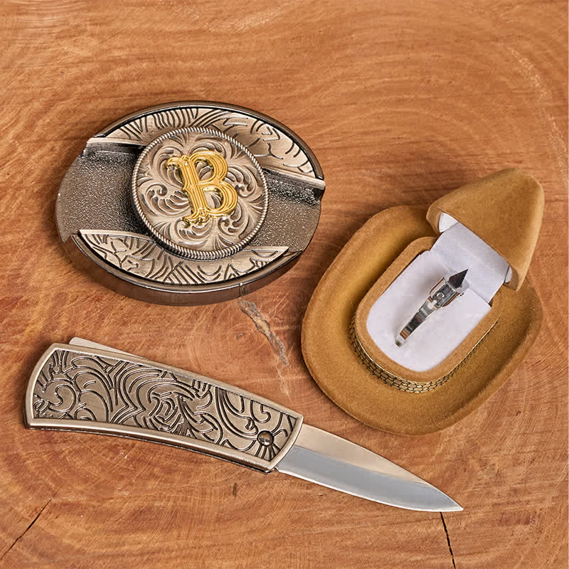 Set di anelli funzionali con fibbia per cintura con coltello nascosto fai da te e lettera iniziale - image 1