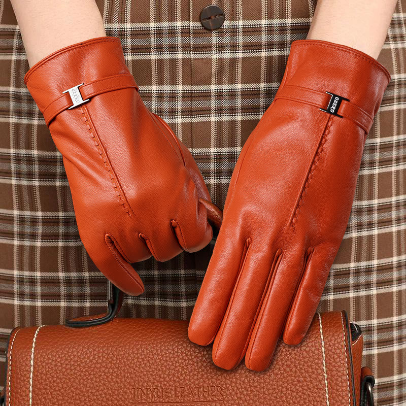 Eleganti guanti invernali caldi in pelle arancione da donna - image 0