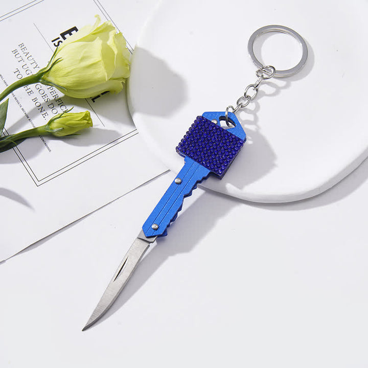 Portachiavi a forma di coltello pieghevole con strass brillanti - Blu - image 6
