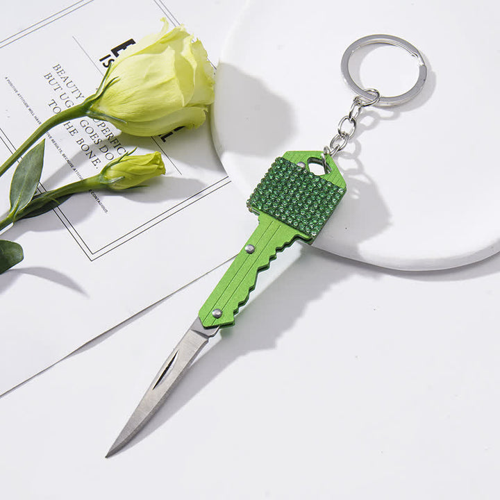 Portachiavi a forma di coltello pieghevole con strass brillanti - Verde - image 5
