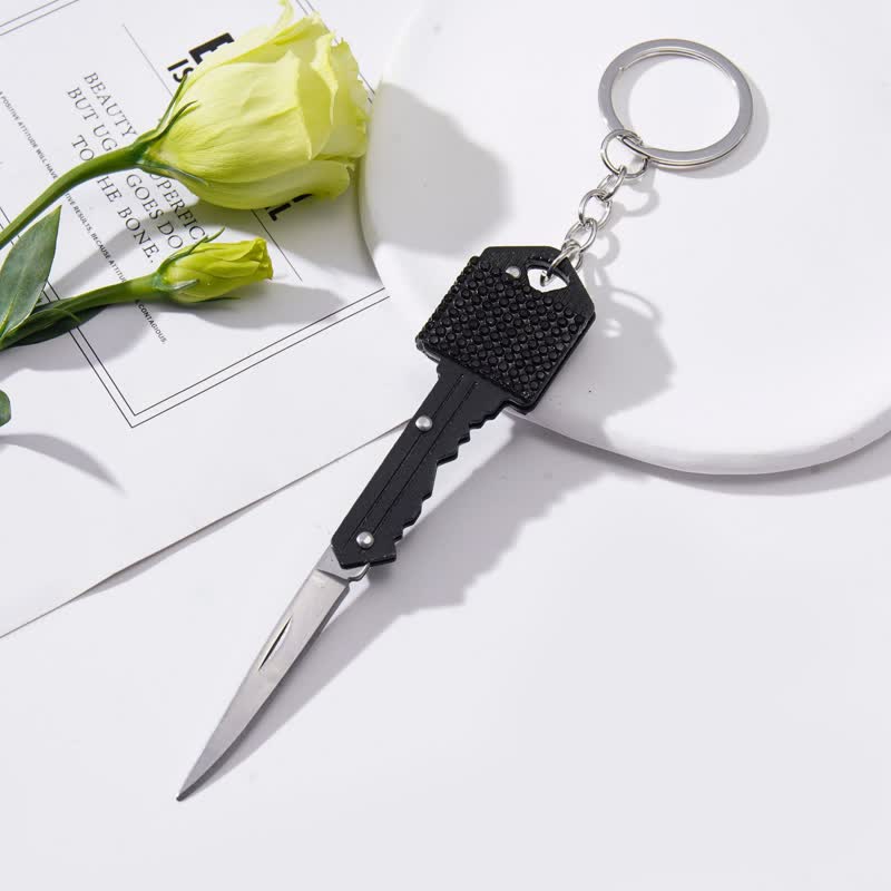 Portachiavi a forma di coltello pieghevole con strass brillanti - Nero - image 2