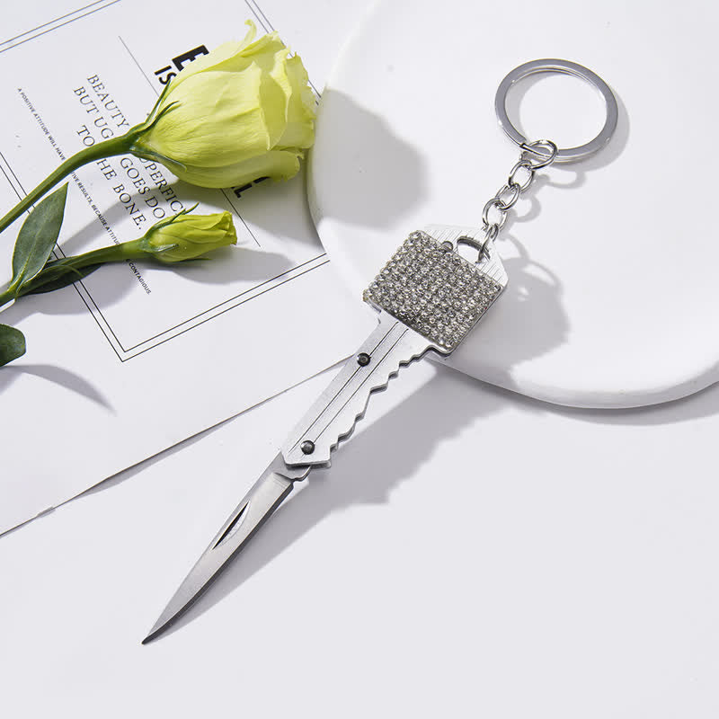 Portachiavi a forma di coltello pieghevole con strass brillanti - Bianco - image 1