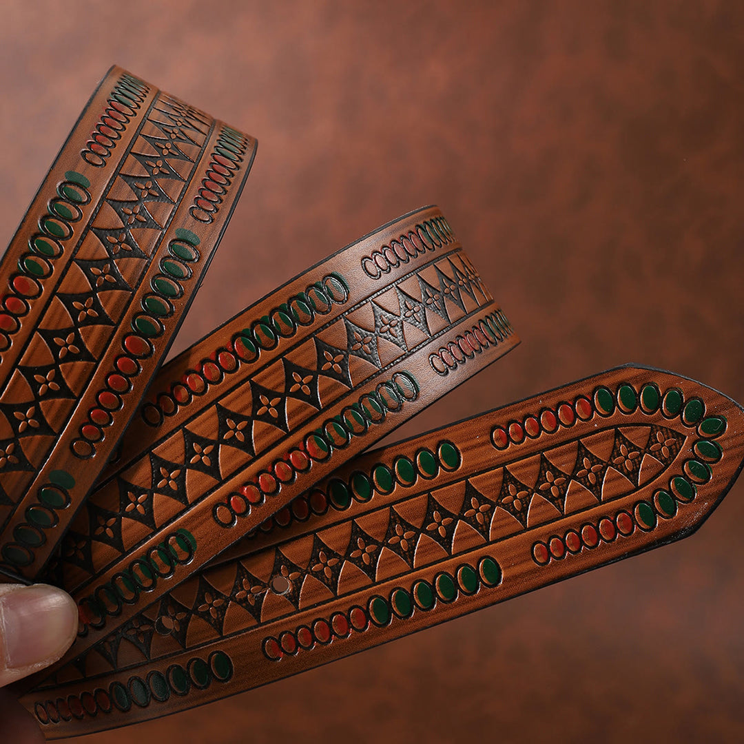 Cintura in pelle con fibbia in rilievo floreale, motivo retrò, turchese, perla e gemma rossa - image 3