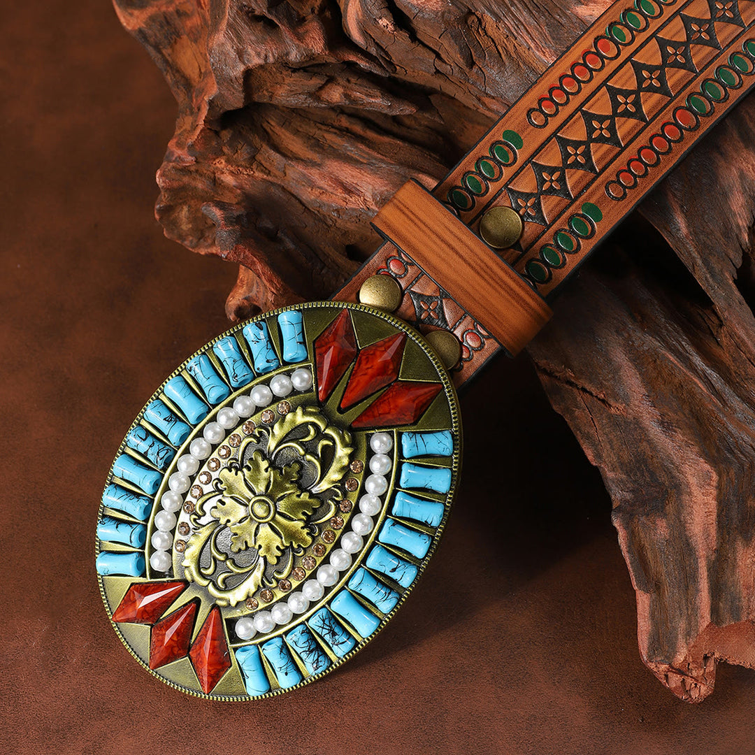 Cintura in pelle con fibbia in rilievo floreale, motivo retrò, turchese, perla e gemma rossa - image 2