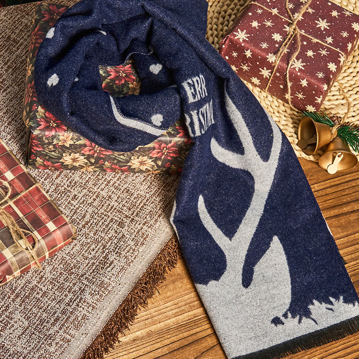 Sciarpa calda e festiva da uomo con stampa di renne natalizie blu navy - image 3