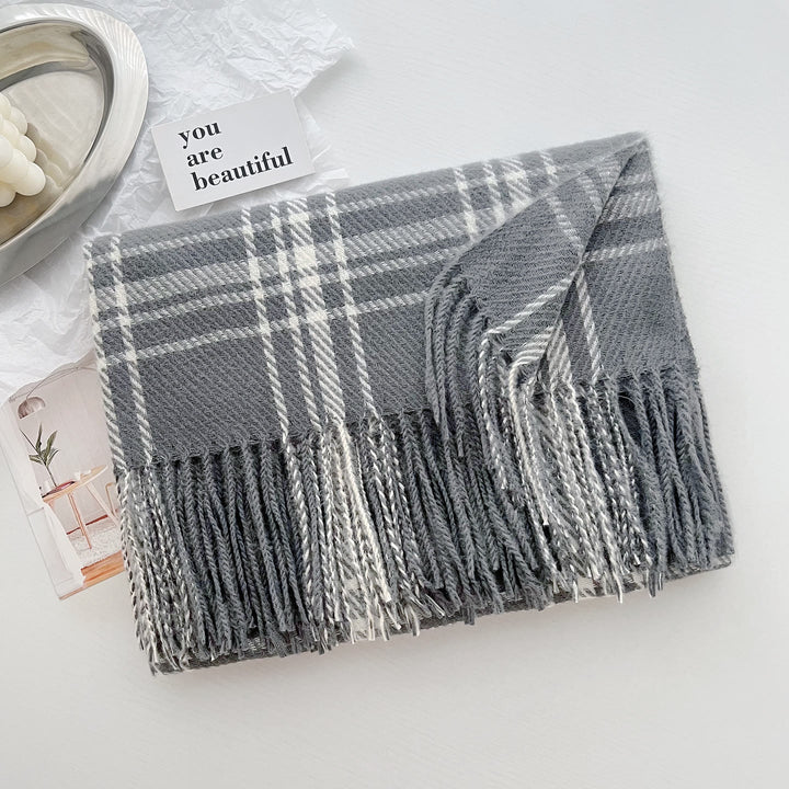 Sciarpa calda con frange a quadri invernali da donna - Grigio - image 9