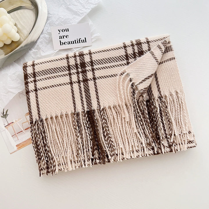 Sciarpa calda con frange a quadri invernali da donna - Beige - image 7