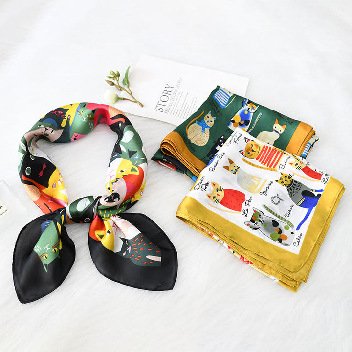 Sciarpa quadrata sottile per tutte le stagioni con motivo a gatto carino da donna - image 0