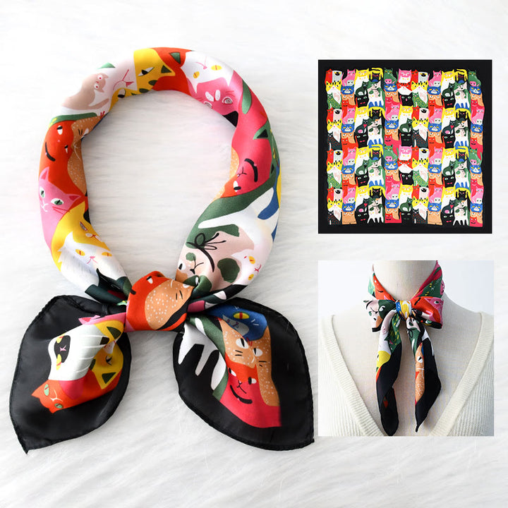 Sciarpa quadrata sottile per tutte le stagioni con motivo a gatto carino da donna - Nero - image 3