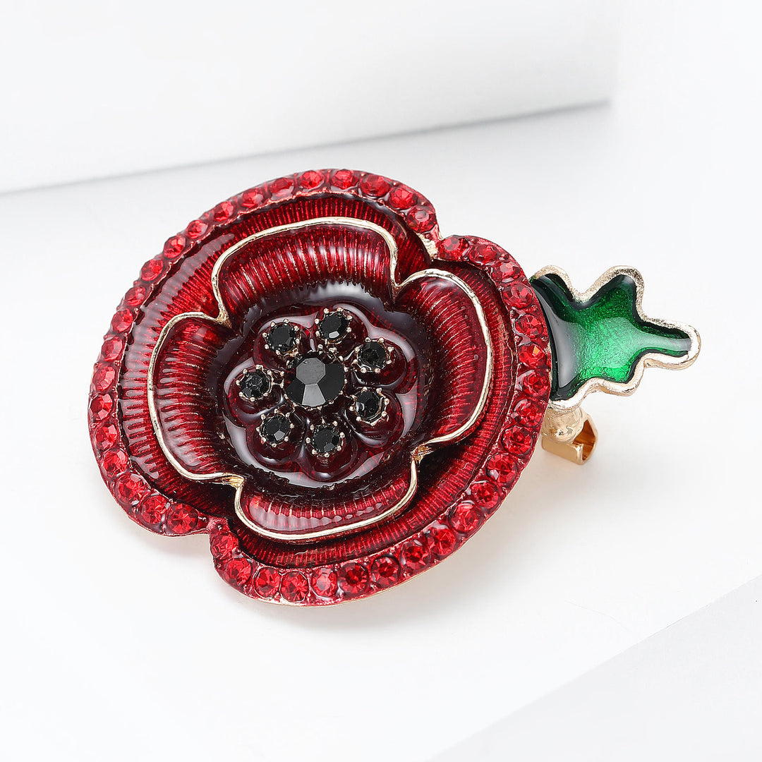 Spilla decorativa in oro con gambo verde a forma di papavero in cristallo rosso - image 2