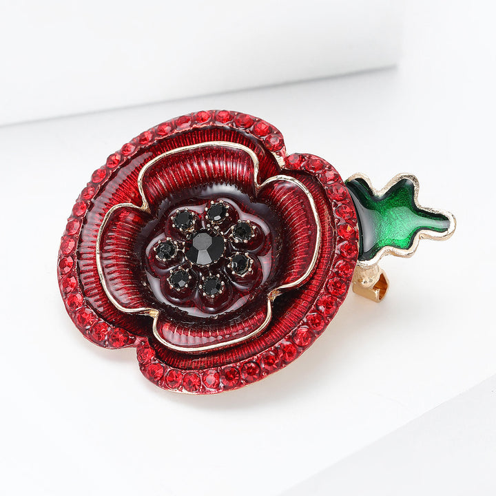 Spilla decorativa in oro con gambo verde a forma di papavero in cristallo rosso - image 2