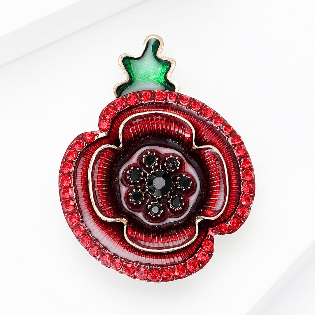Spilla decorativa in oro con gambo verde a forma di papavero in cristallo rosso - image 1