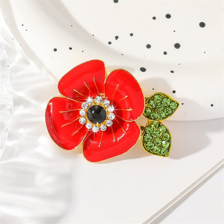 Spilla con bordo dorato a forma di foglia di papavero rosso brillante, decorata con cristalli scintillanti e petali lucidi - Rosso - image 0