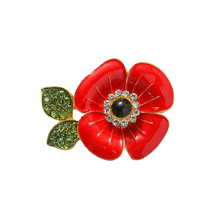 Spilla con bordo dorato a forma di foglia di papavero rosso brillante, decorata con cristalli scintillanti e petali lucidi - image 4