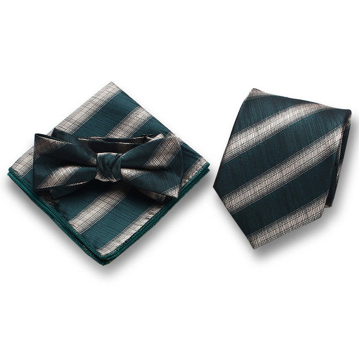 Set da uomo elegante con papillon e fazzoletto da taschino in raso a righe, 3 pezzi - Stile n. 1 - image 0