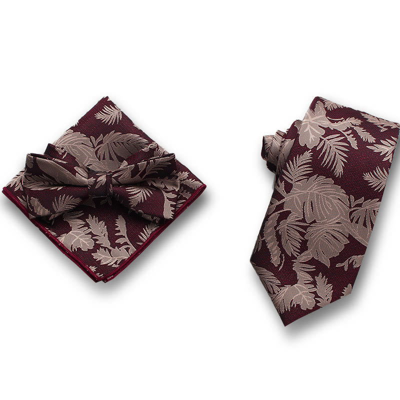 Set da uomo formale con 3 pezzi di papillon in raso con motivo a foglie delicate e fazzoletto da taschino - Stile n. 2 - image 1