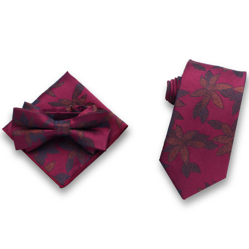 Set da uomo formale con 3 pezzi di papillon in raso con motivo a foglie delicate e fazzoletto da taschino - Stile n. 5 - image 4