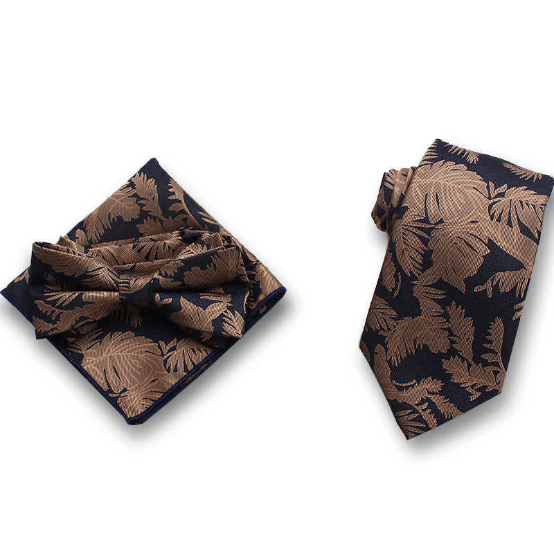 Set da uomo formale con 3 pezzi di papillon in raso con motivo a foglie delicate e fazzoletto da taschino - Stile n. 3 - image 2