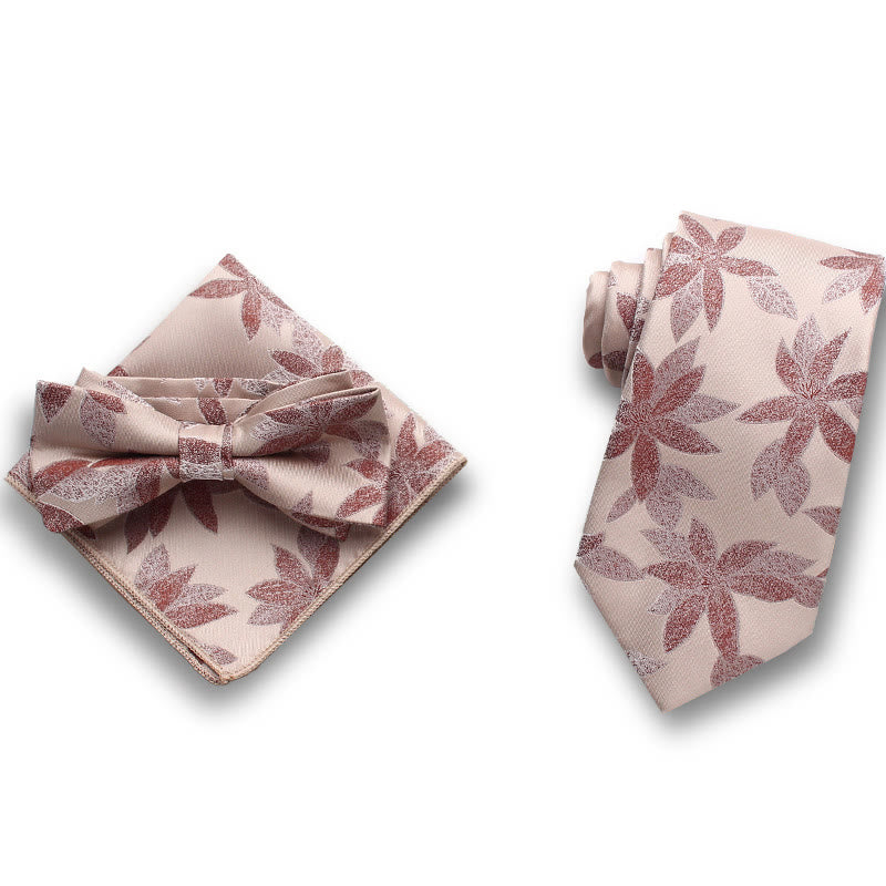 Set da uomo formale con 3 pezzi di papillon in raso con motivo a foglie delicate e fazzoletto da taschino - Stile n. 4 - image 3