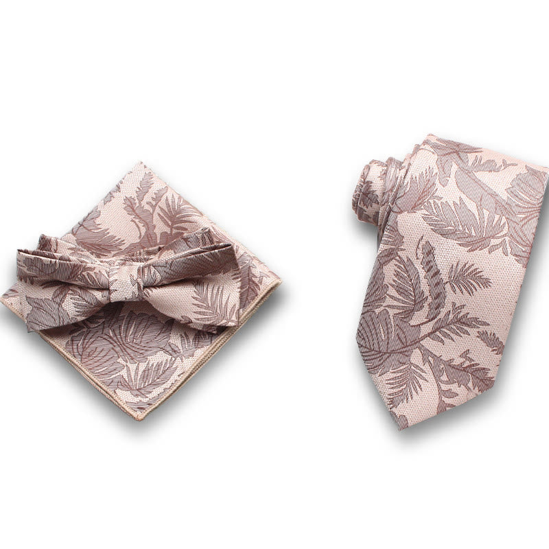 Set da uomo formale con 3 pezzi di papillon in raso con motivo a foglie delicate e fazzoletto da taschino - Stile n. 1 - image 0