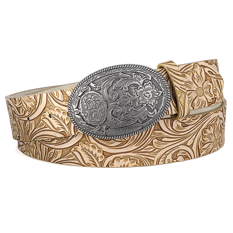 Cintura da uomo in pelle con fibbia ovale intagliata in argento retrò - Cachi - 40 - image 1