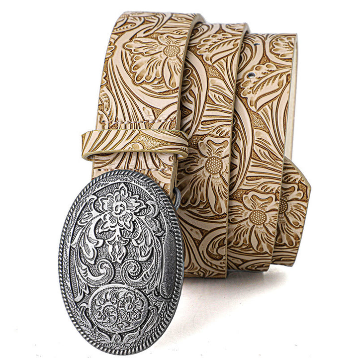 Cintura da uomo in pelle con fibbia ovale intagliata in argento retrò - image 0
