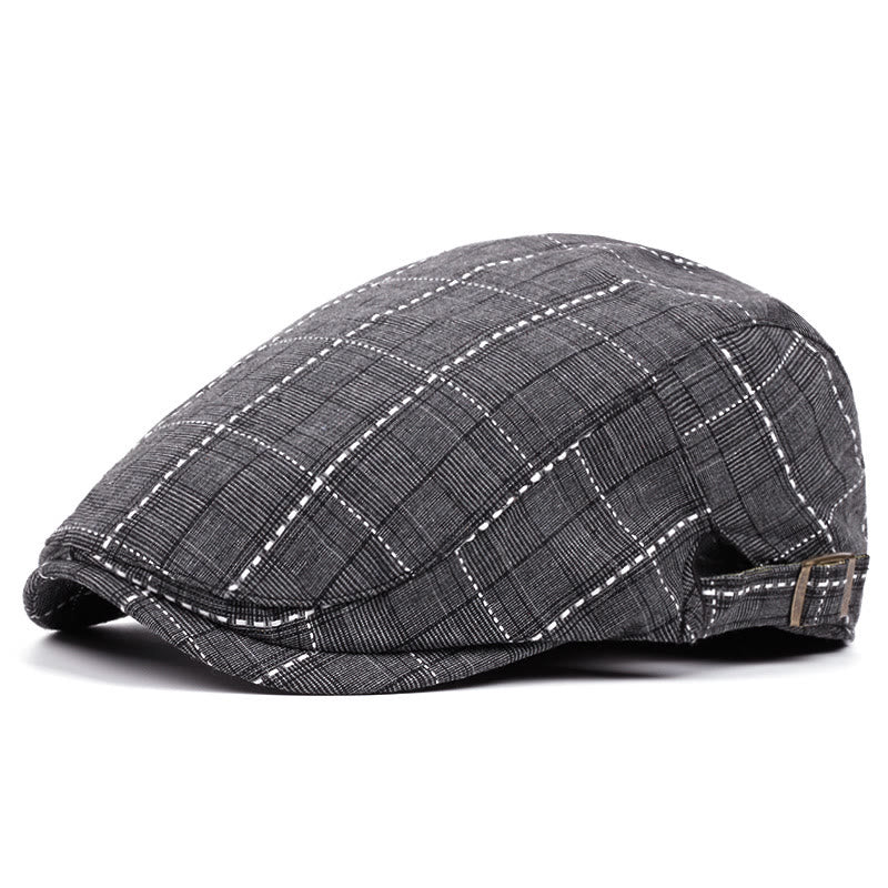 Cappello basco da uomo con fibbia regolabile e motivo a scacchi retrò - Nero - Regolabile (circa 21 5/8"-23 1/4") - image 0