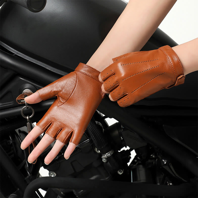 Guanti da ciclismo traspiranti e protettivi in pelle da donna, con mezze dita - Cammello - XL - image 0