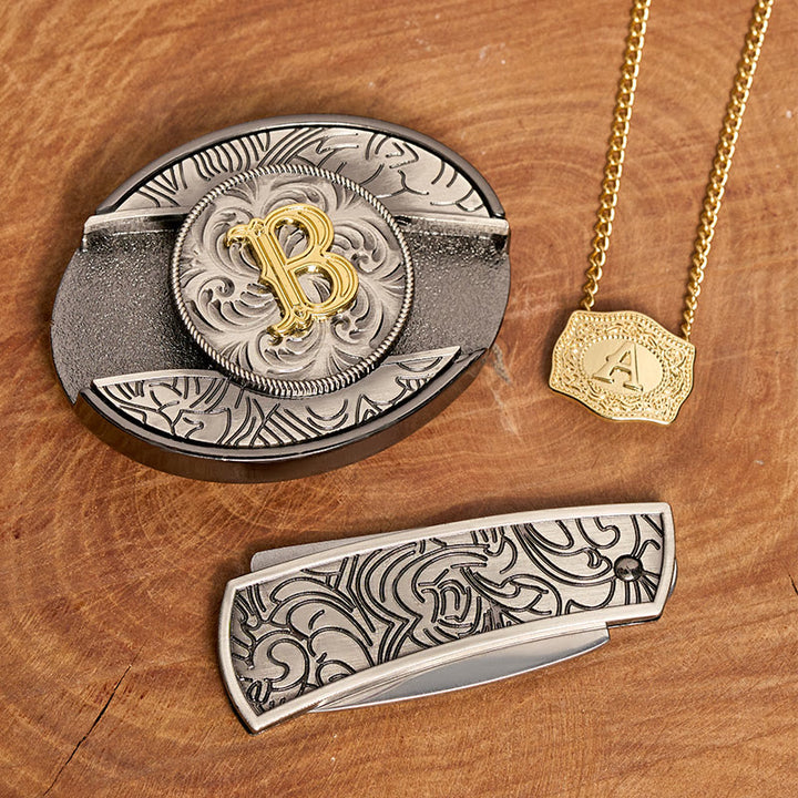 Set di collana in oro con fibbia per cintura con coltello nascosto fai da te e lettera iniziale - image 3