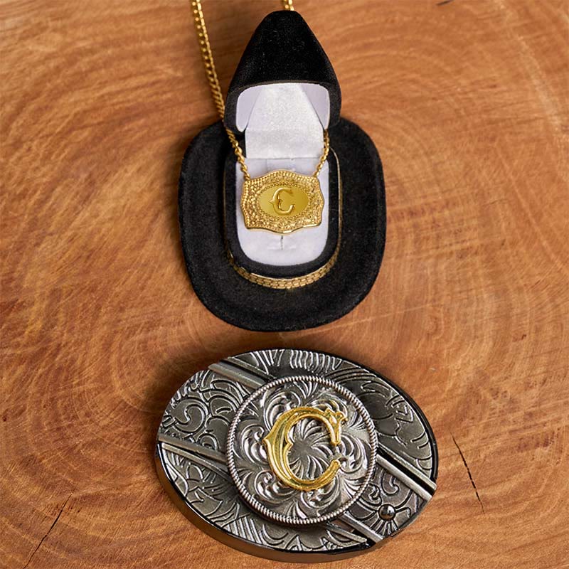 Set di collana in oro con fibbia per cintura con coltello nascosto fai da te e lettera iniziale - C - Senza cintura - image 8