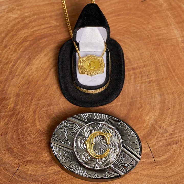 Set di collana in oro con fibbia per cintura con coltello nascosto fai da te e lettera iniziale - C - Senza cintura - image 8