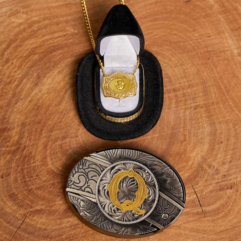 Set di collana in oro con fibbia per cintura con coltello nascosto fai da te e lettera iniziale - Q - Senza cintura - image 22