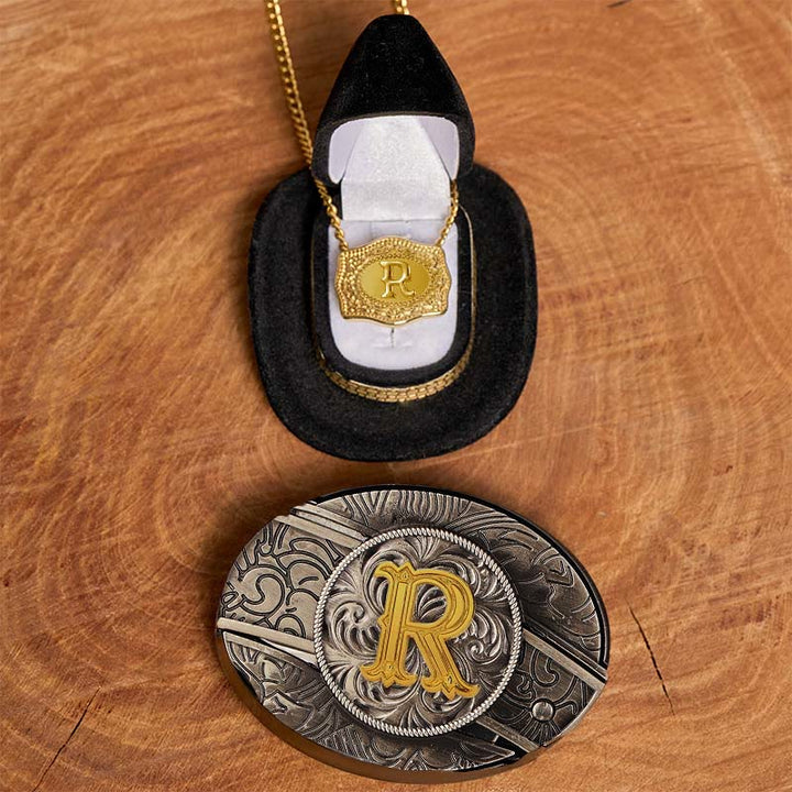 Set di collana in oro con fibbia per cintura con coltello nascosto fai da te e lettera iniziale - R - Senza cintura - image 23