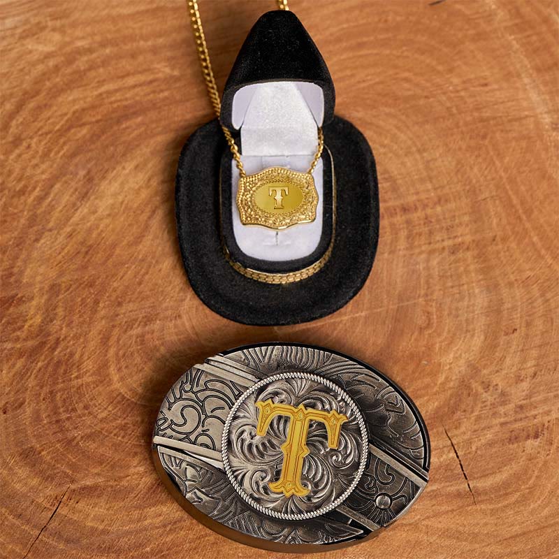 Set di collana in oro con fibbia per cintura con coltello nascosto fai da te e lettera iniziale - T - Senza cintura - image 25