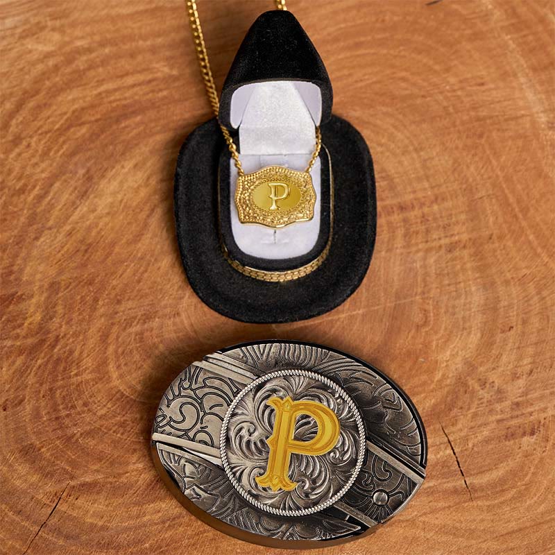 Set di collana in oro con fibbia per cintura con coltello nascosto fai da te e lettera iniziale - P - Senza cintura - image 21