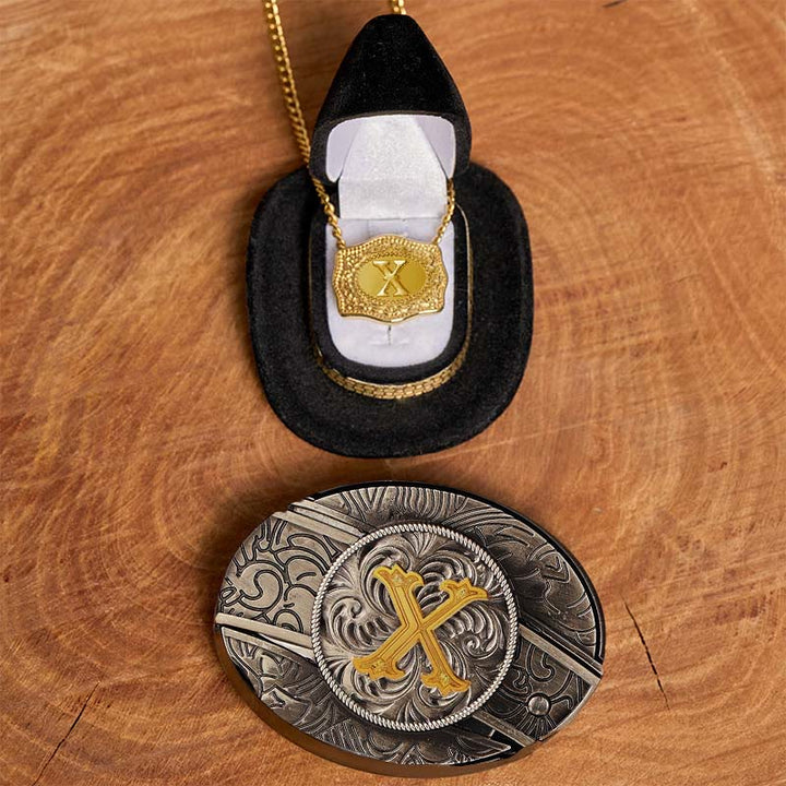 Set di collana in oro con fibbia per cintura con coltello nascosto fai da te e lettera iniziale - X - Senza cintura - image 29