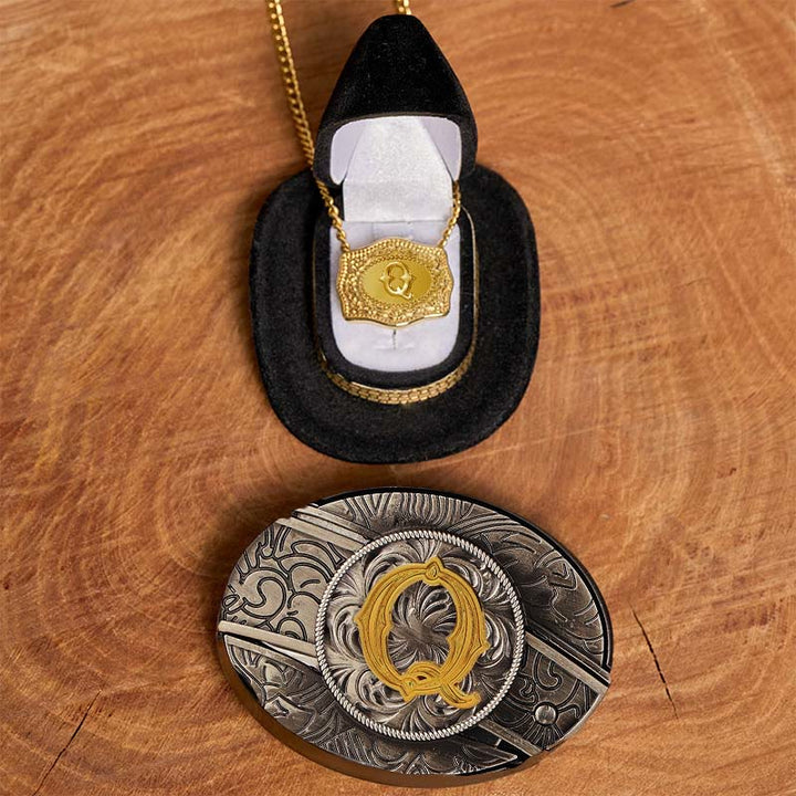 Set di collana in oro con fibbia per cintura con coltello nascosto fai da te e lettera iniziale - Q - Senza cintura - image 22