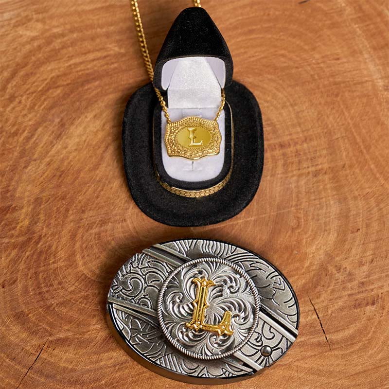 Set di collana in oro con fibbia per cintura con coltello nascosto fai da te e lettera iniziale - L - Senza cintura - image 17