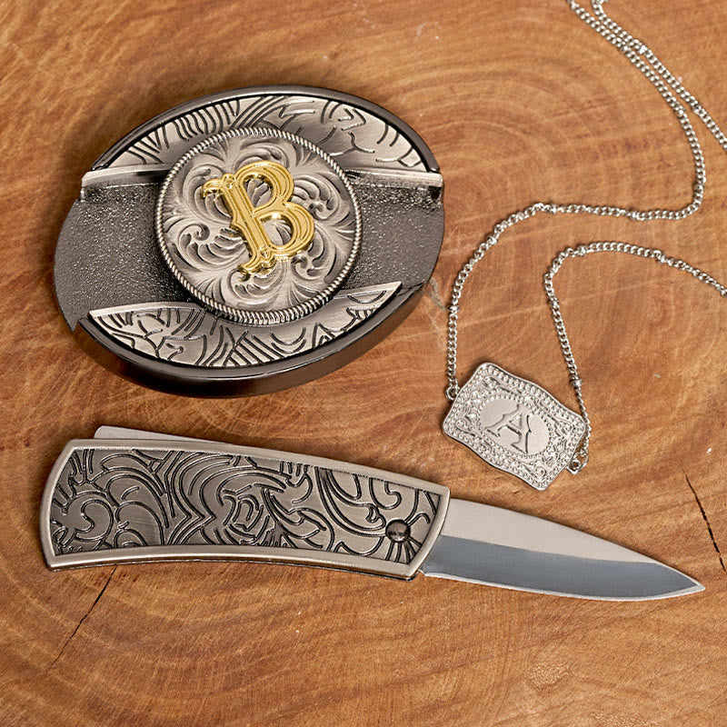 Set di collana in argento con fibbia per cintura con coltello nascosto fai da te e lettera iniziale - image 1