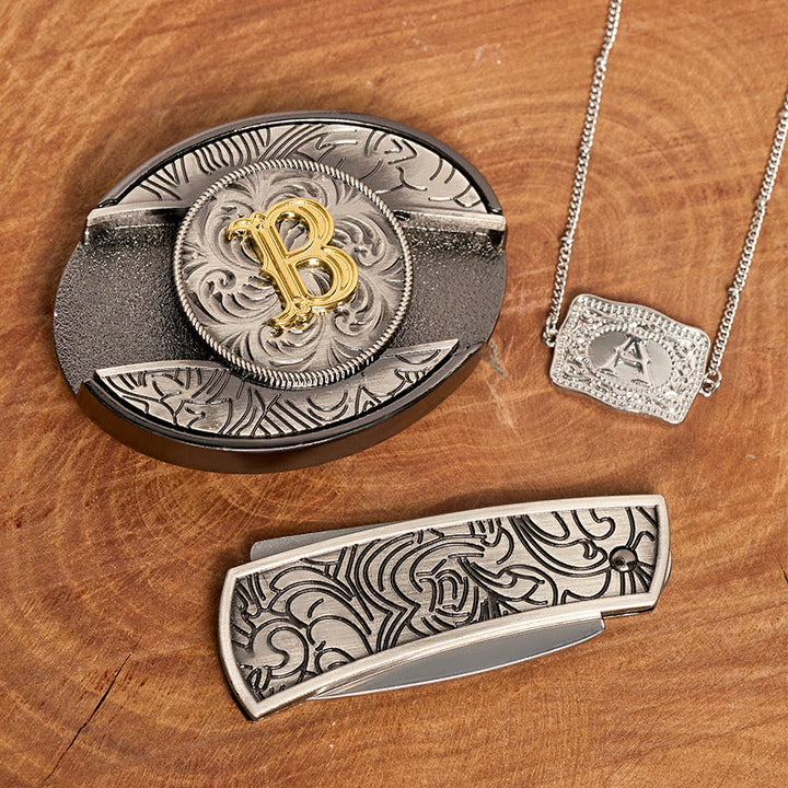 Set di collana in argento con fibbia per cintura con coltello nascosto fai da te e lettera iniziale - image 3