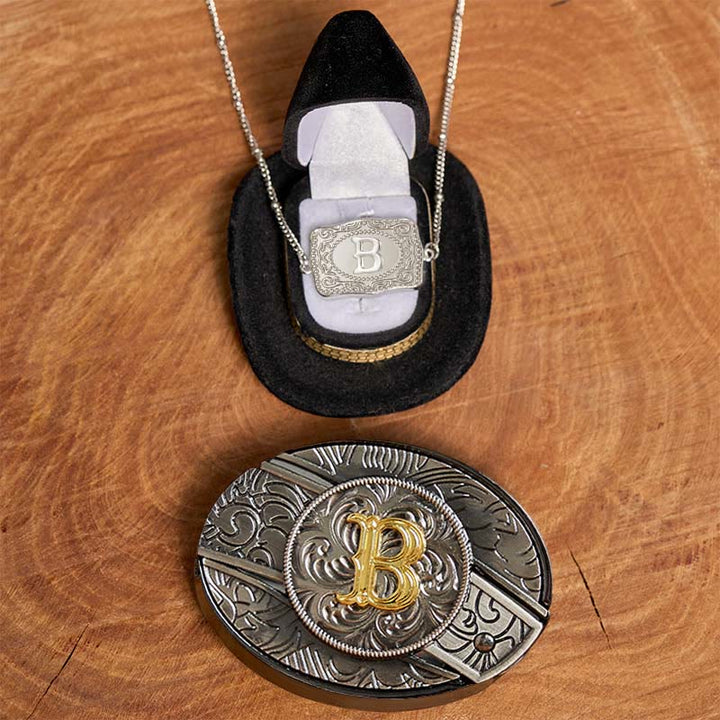 Set di collana in argento con fibbia per cintura con coltello nascosto fai da te e lettera iniziale - B - Senza cintura - image 2