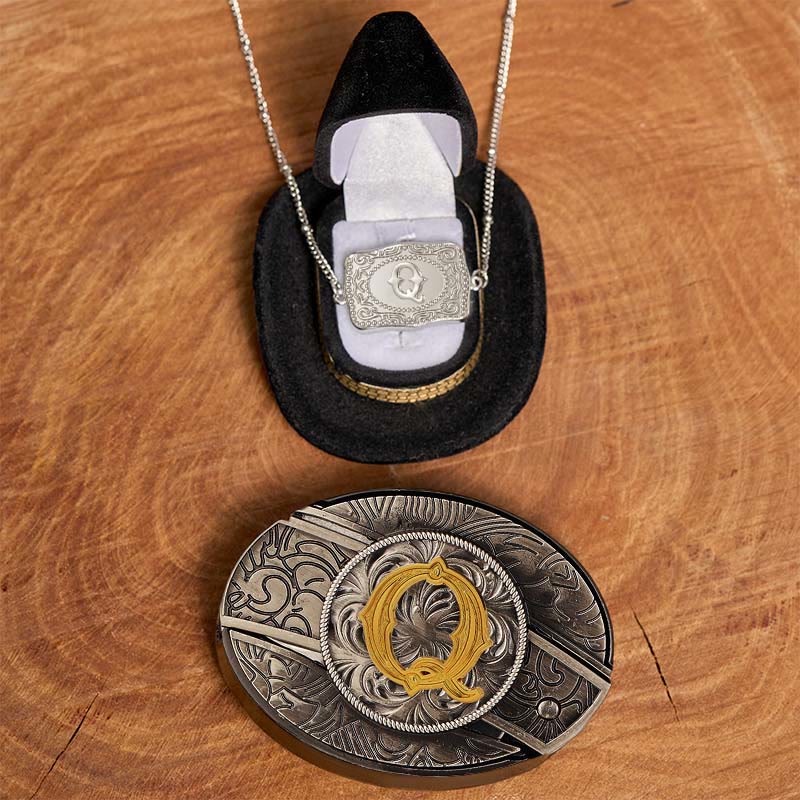 Set di collana in argento con fibbia per cintura con coltello nascosto fai da te e lettera iniziale - Q - Senza cintura - image 22